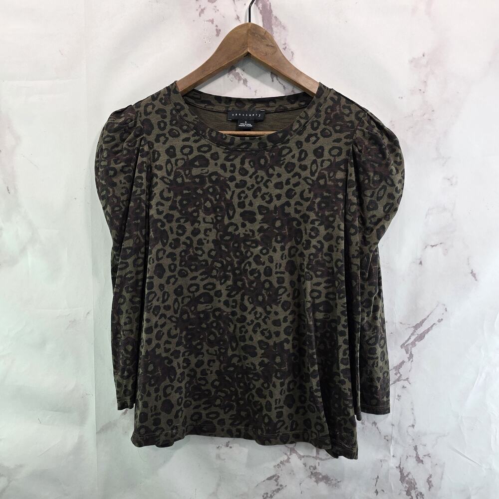 Sanctuary T Shirt Womens Small Puff Sleeve Leopard Cheetah Crew Green Black